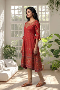 Red Gold Printed Sequins American Crepe A-line Kurta with Tights Set