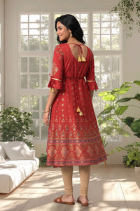 Red Gold Printed Sequins American Crepe A-line Kurta with Tights Set
