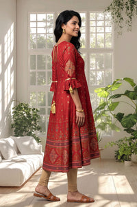 Red Gold Printed Sequins American Crepe A-line Kurta with Tights Set