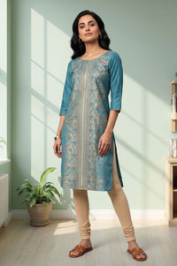 Teal Floral Printed Straight Kurta with Tights Set