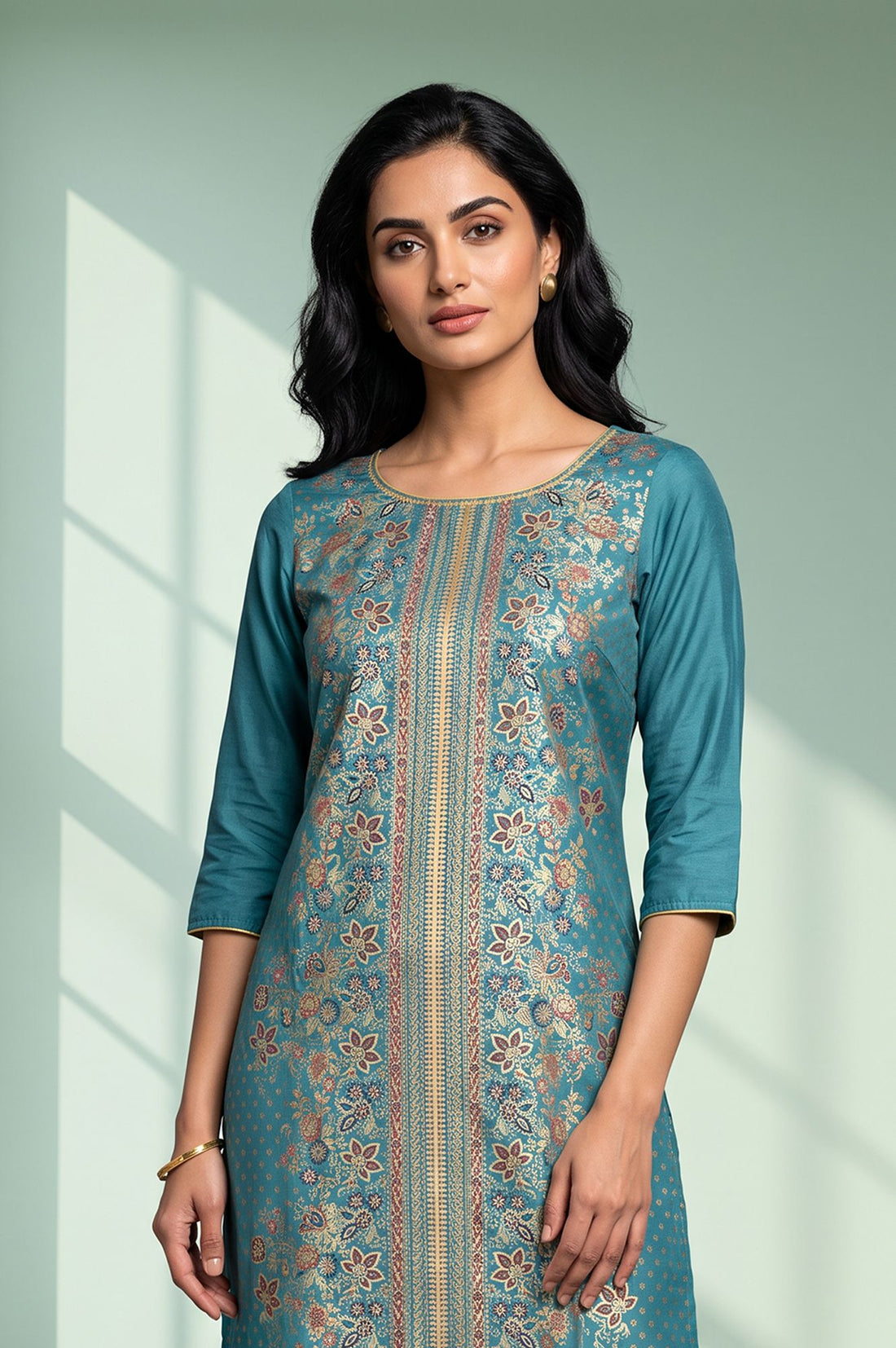 Teal Floral Printed Straight Kurta with Tights Set