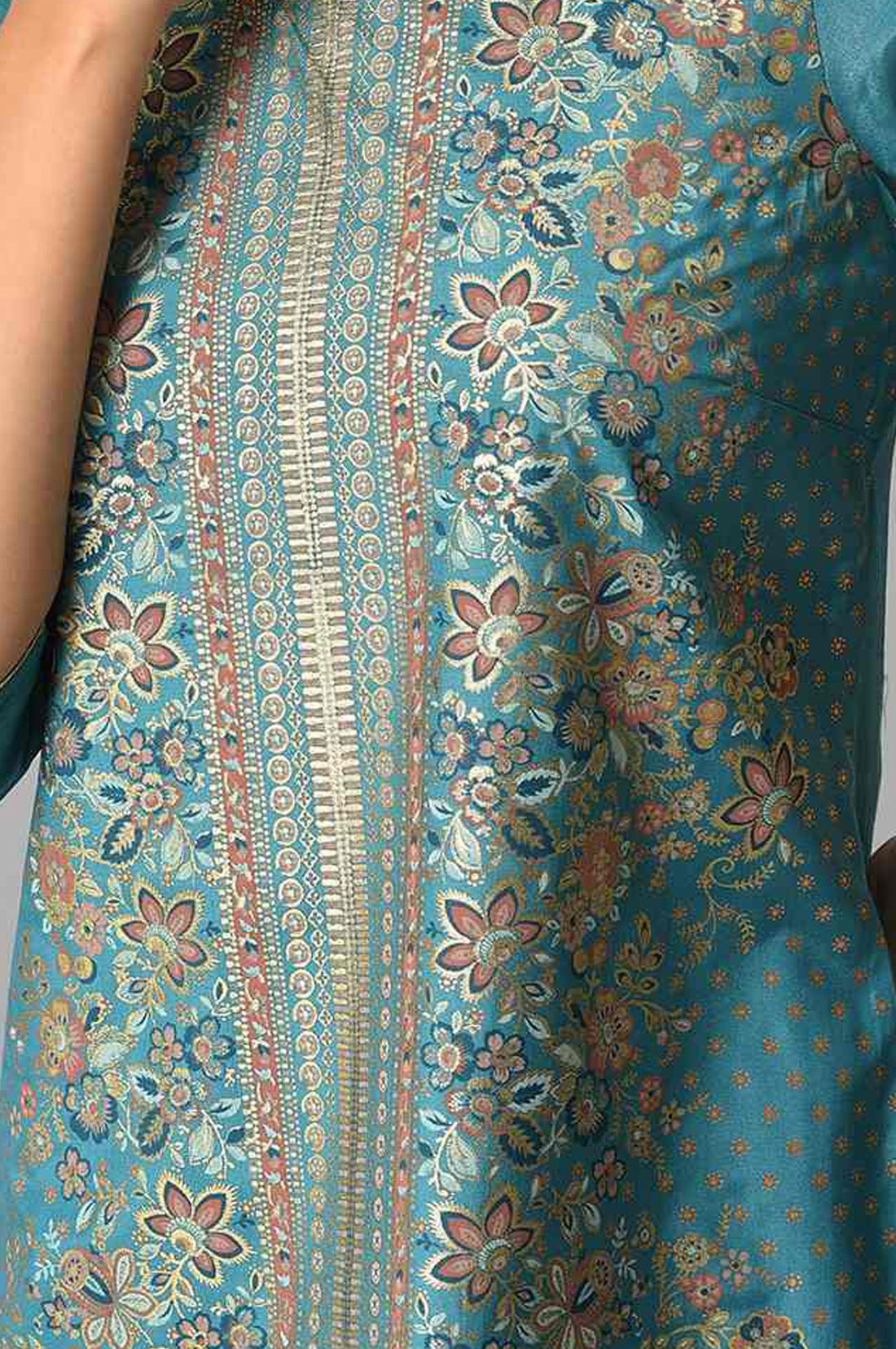 Teal Floral Printed Straight Kurta with Tights Set