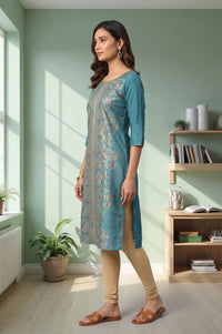 Teal Floral Printed Straight Kurta with Tights Set