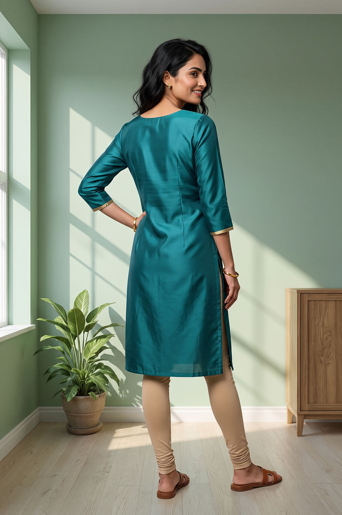 Teal Floral Printed Straight Kurta with Tights Set