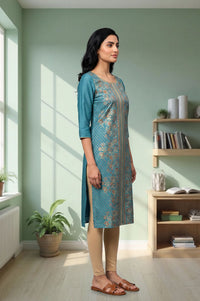Teal Floral Printed Straight Kurta with Tights Set
