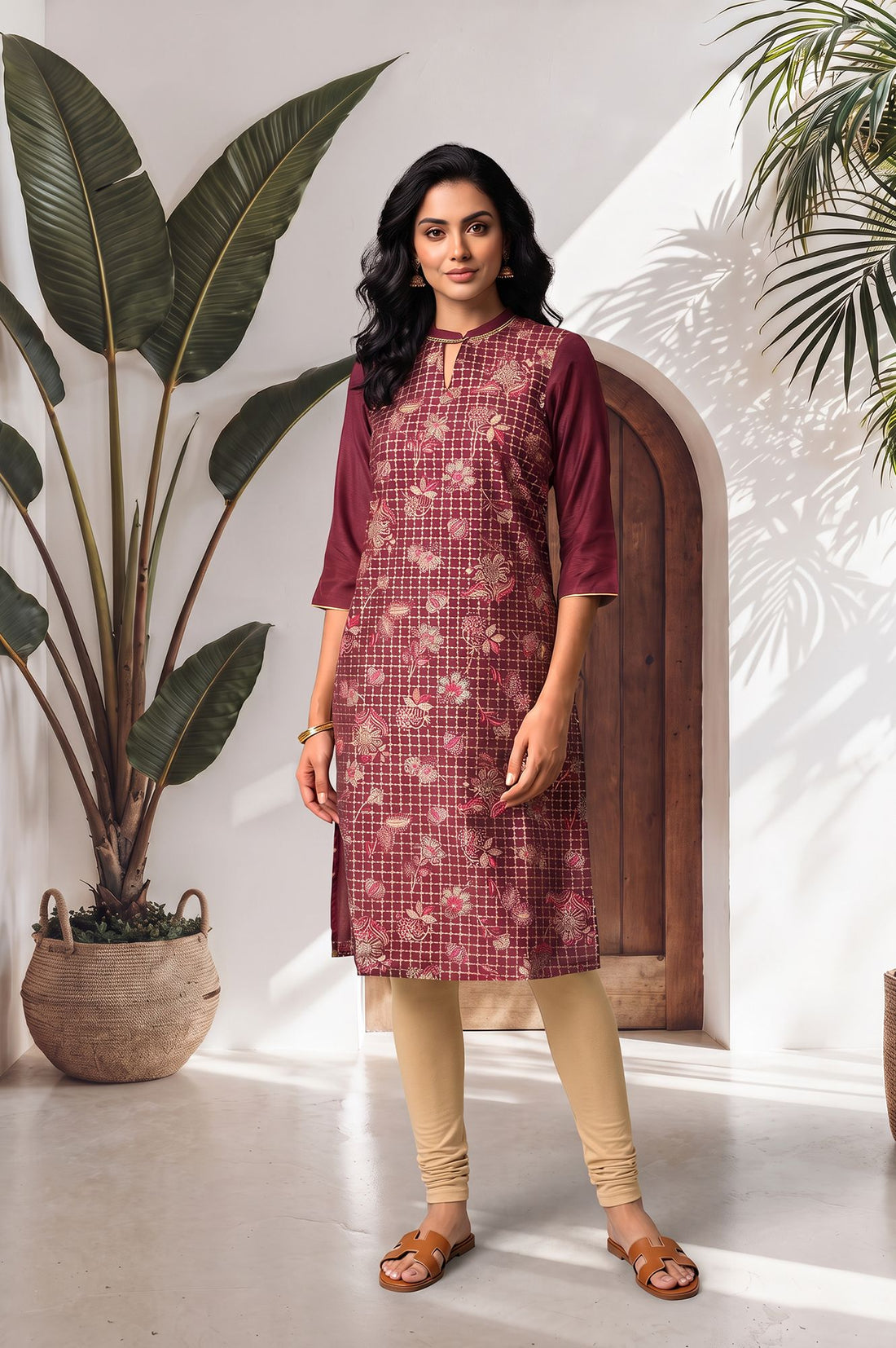 Maroon Floral Printed Straight Kurta with Tights Set