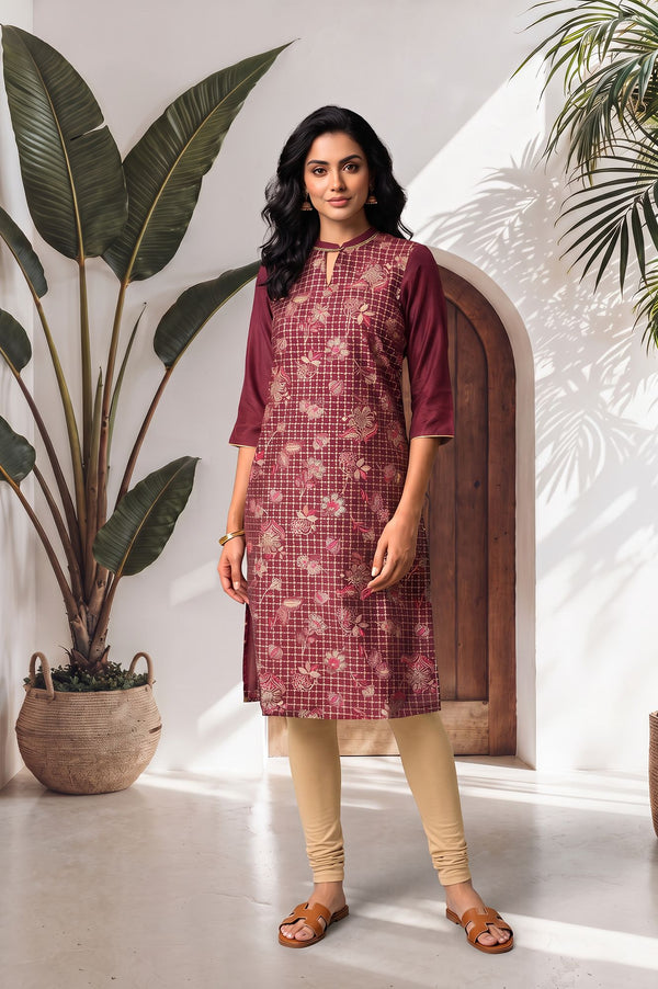 Maroon Floral Printed Straight Kurta with Tights Set