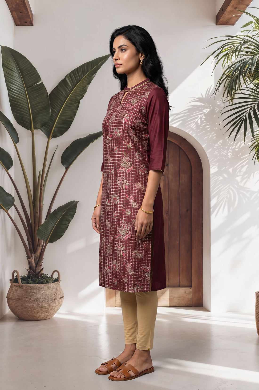 Maroon Floral Printed Straight Kurta with Tights Set
