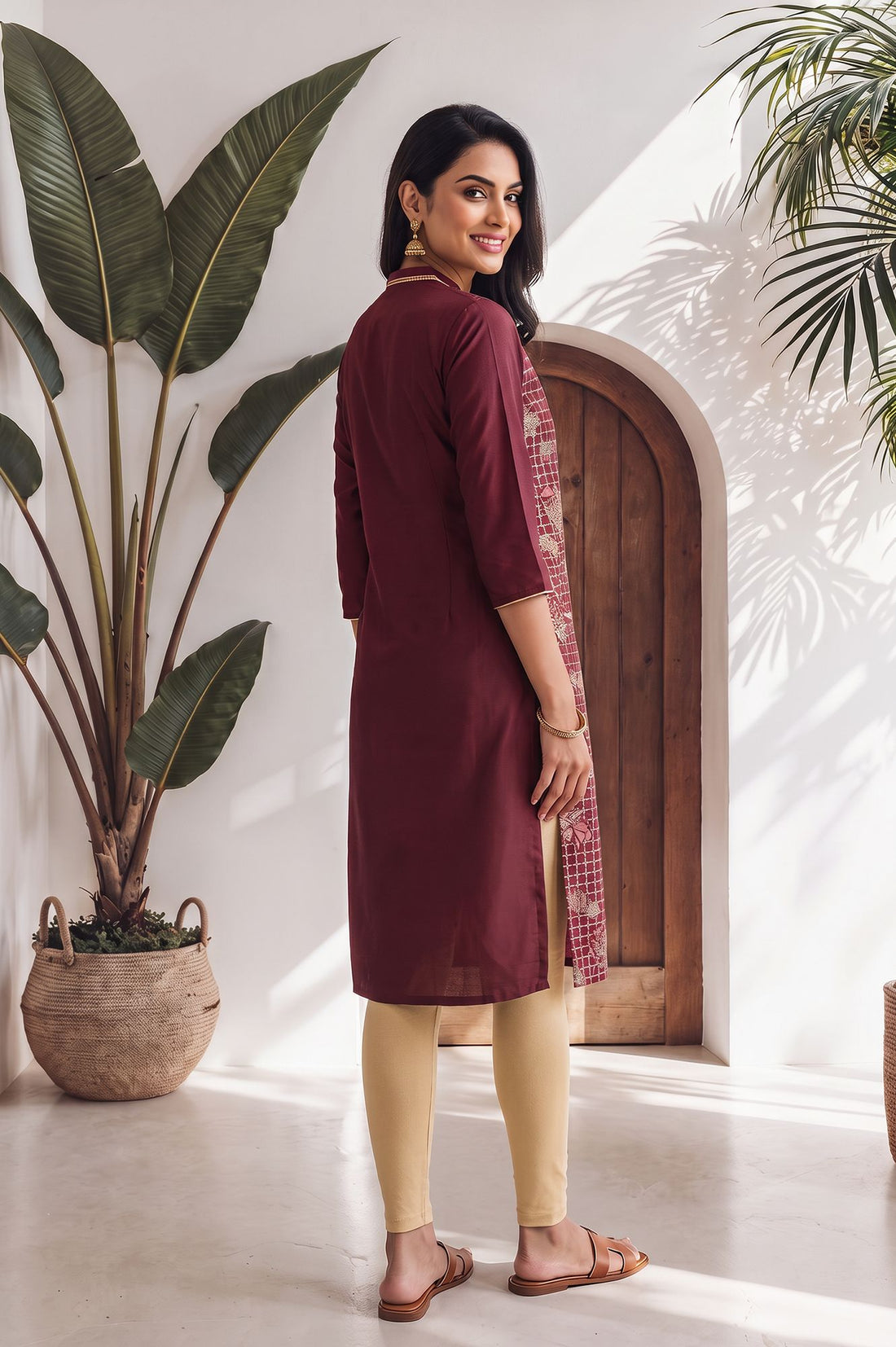 Maroon Floral Printed Straight Kurta with Tights Set