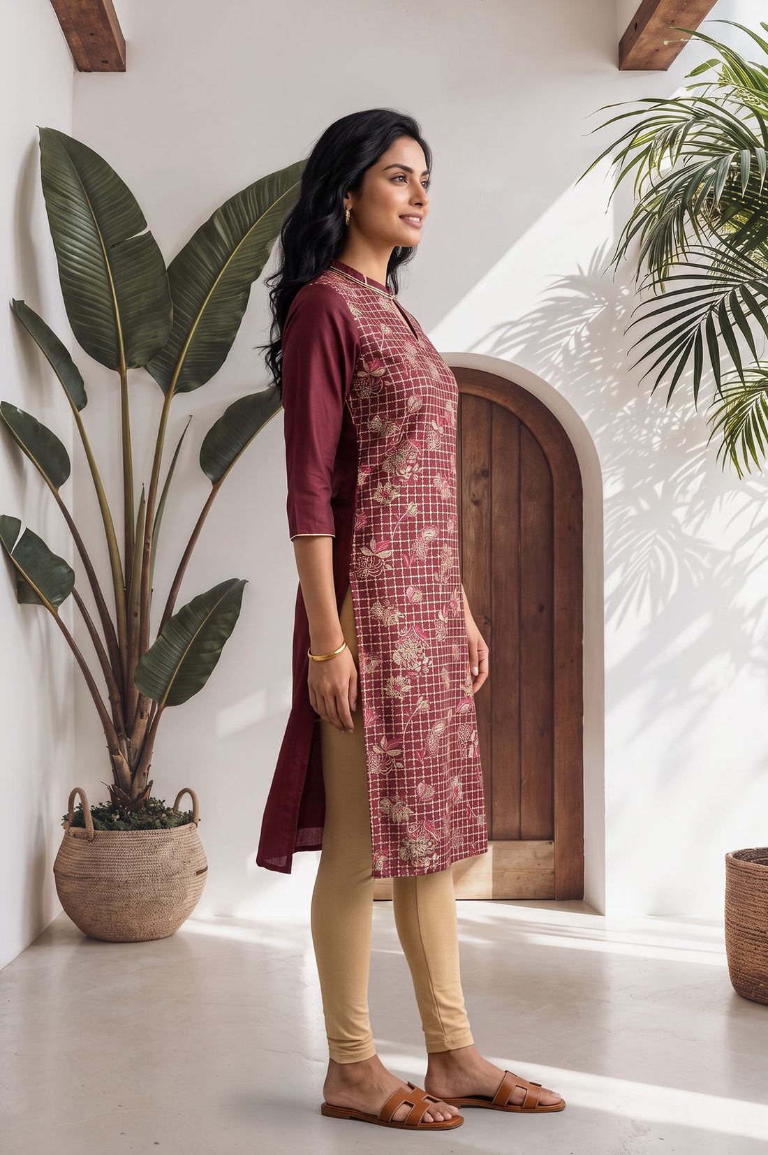 Maroon Floral Printed Straight Kurta with Tights Set