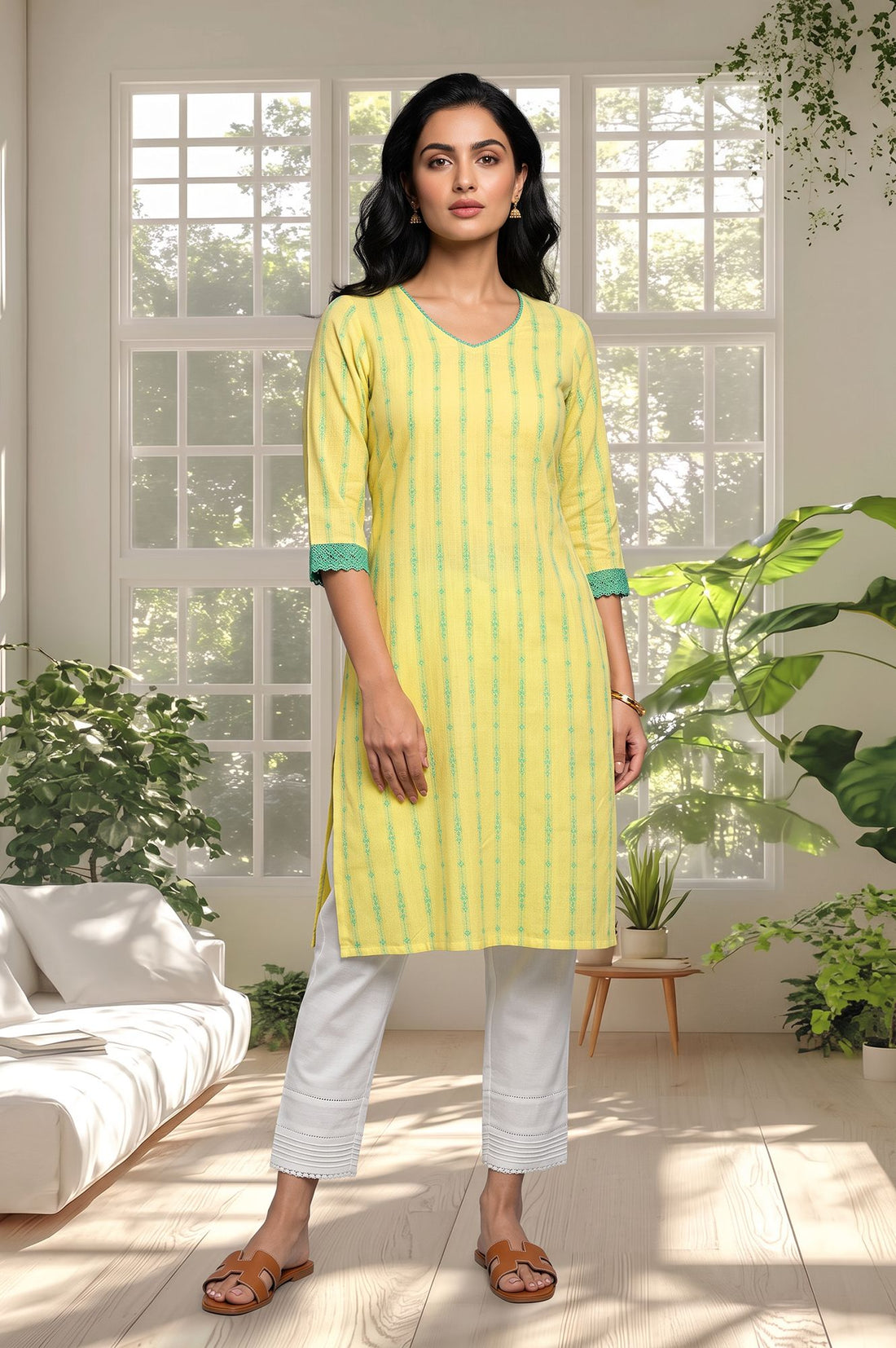 Yellow Striped Lace Pure Cotton Straight Kurta with Trousers Set