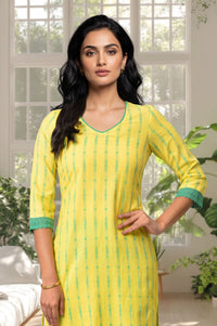 Yellow Striped Lace Pure Cotton Straight Kurta with Trousers Set