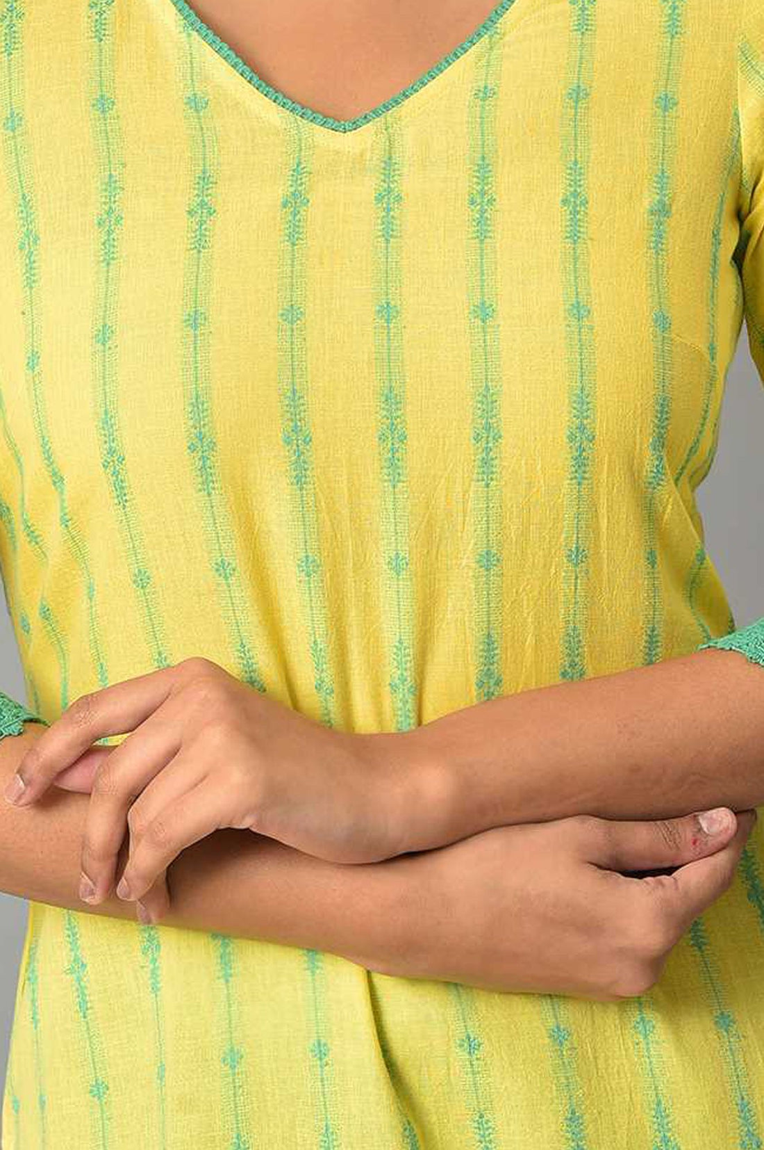 Yellow Striped Lace Pure Cotton Straight Kurta with Trousers Set