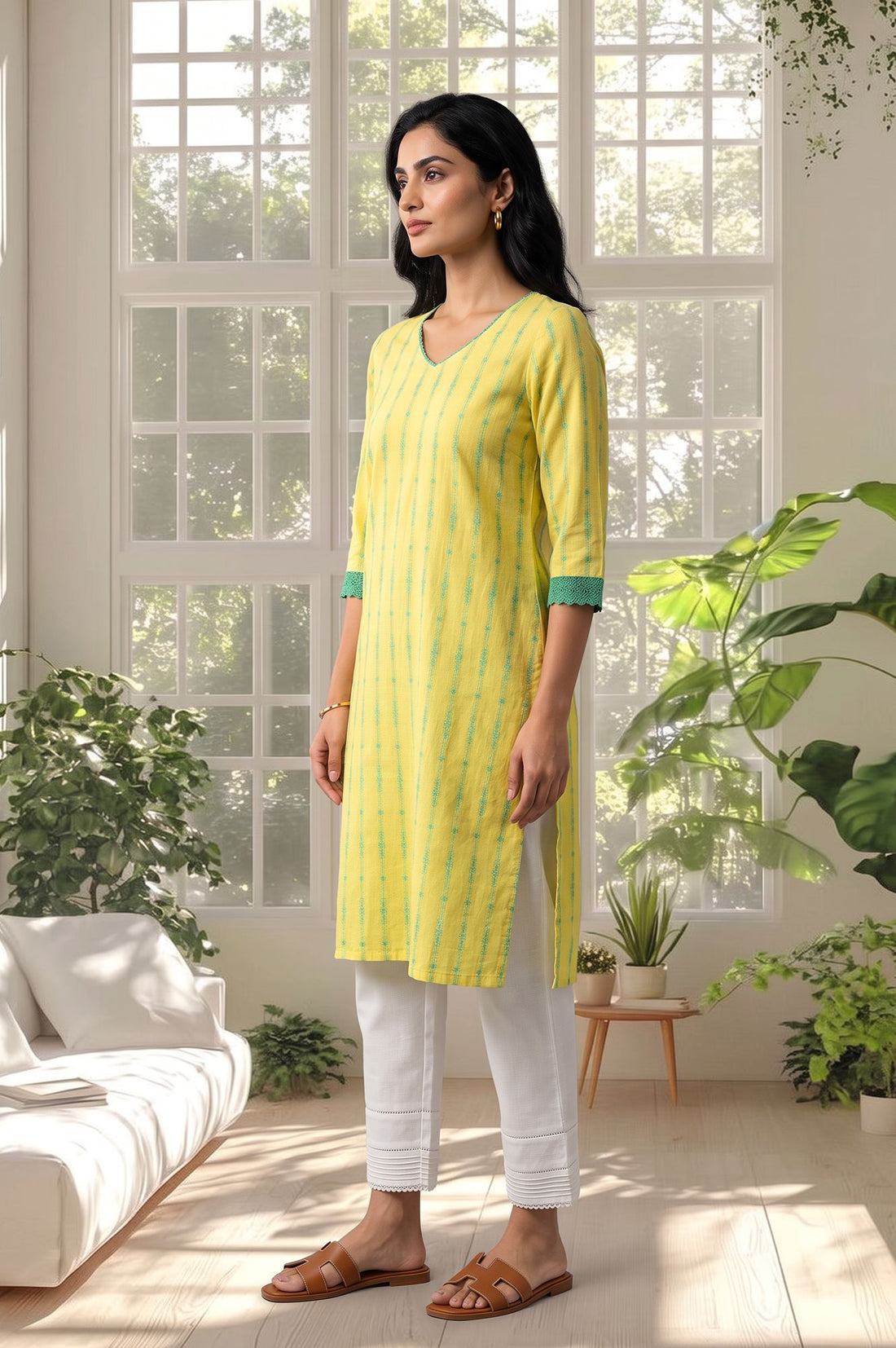 Yellow Striped Lace Pure Cotton Straight Kurta with Trousers Set