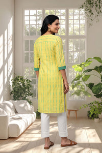 Yellow Striped Lace Pure Cotton Straight Kurta with Trousers Set