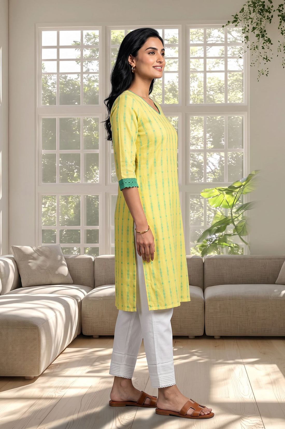 Yellow Striped Lace Pure Cotton Straight Kurta with Trousers Set