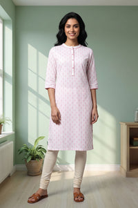 Pink Floral Printed Lace Pure Cotton Straight Kurta with Churidar Set