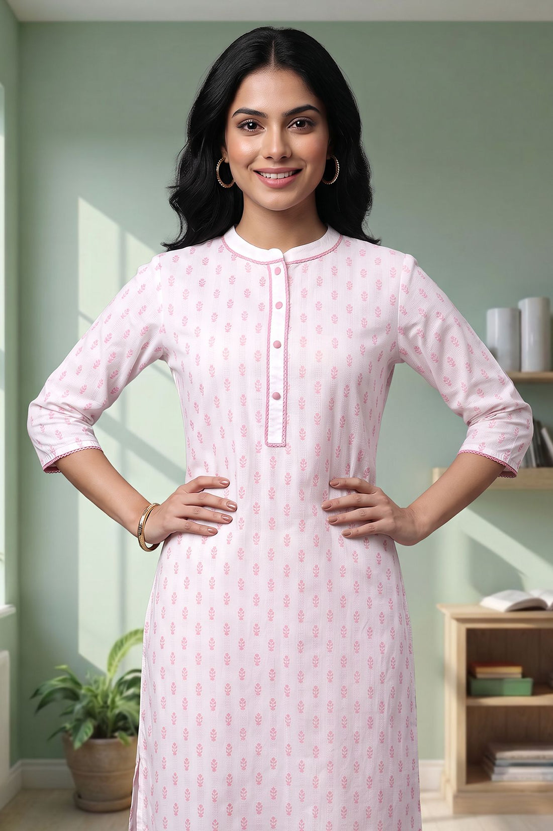 Pink Floral Printed Lace Pure Cotton Straight Kurta with Churidar Set