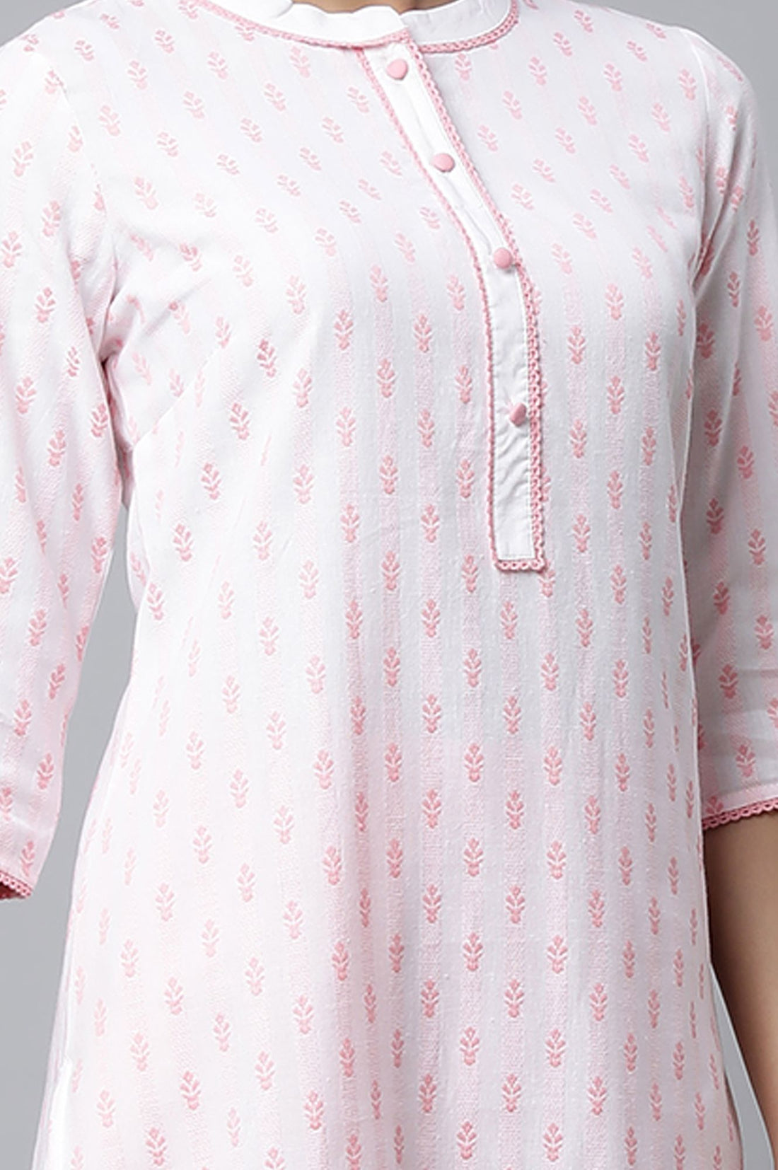 Pink Floral Printed Lace Pure Cotton Straight Kurta with Churidar Set