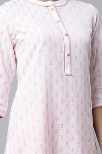 Pink Floral Printed Lace Pure Cotton Straight Kurta with Churidar Set