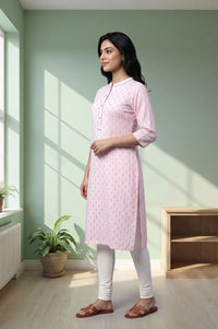 Pink Floral Printed Lace Pure Cotton Straight Kurta with Churidar Set