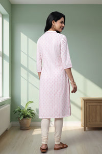 Pink Floral Printed Lace Pure Cotton Straight Kurta with Churidar Set