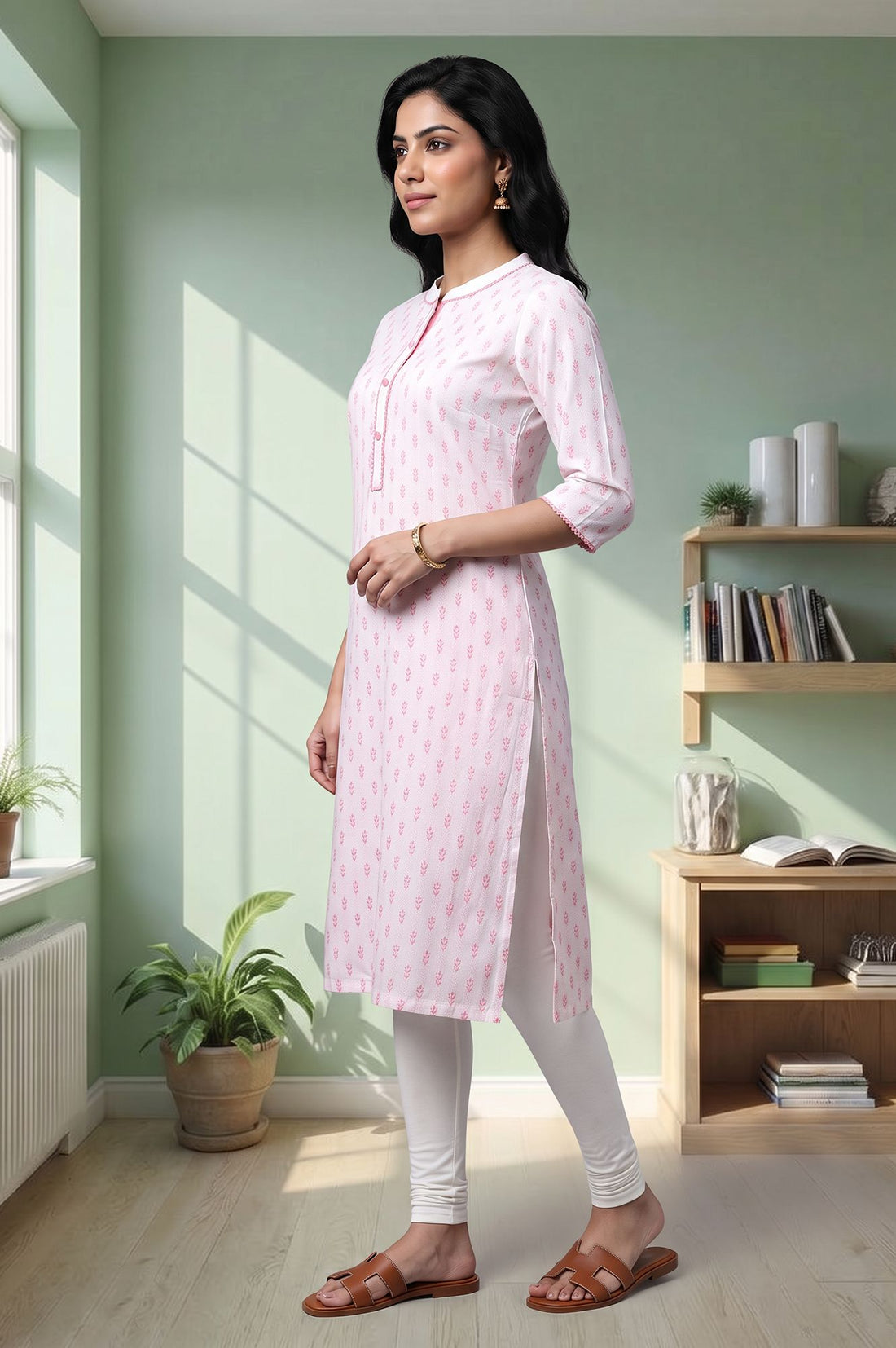 Pink Floral Printed Lace Pure Cotton Straight Kurta with Churidar Set