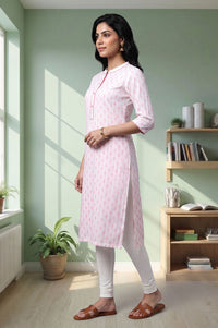 Pink Floral Printed Lace Pure Cotton Straight Kurta with Churidar Set