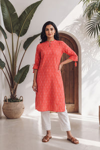 Coral Striped Cotton Straight Kurta with Palazzo Set