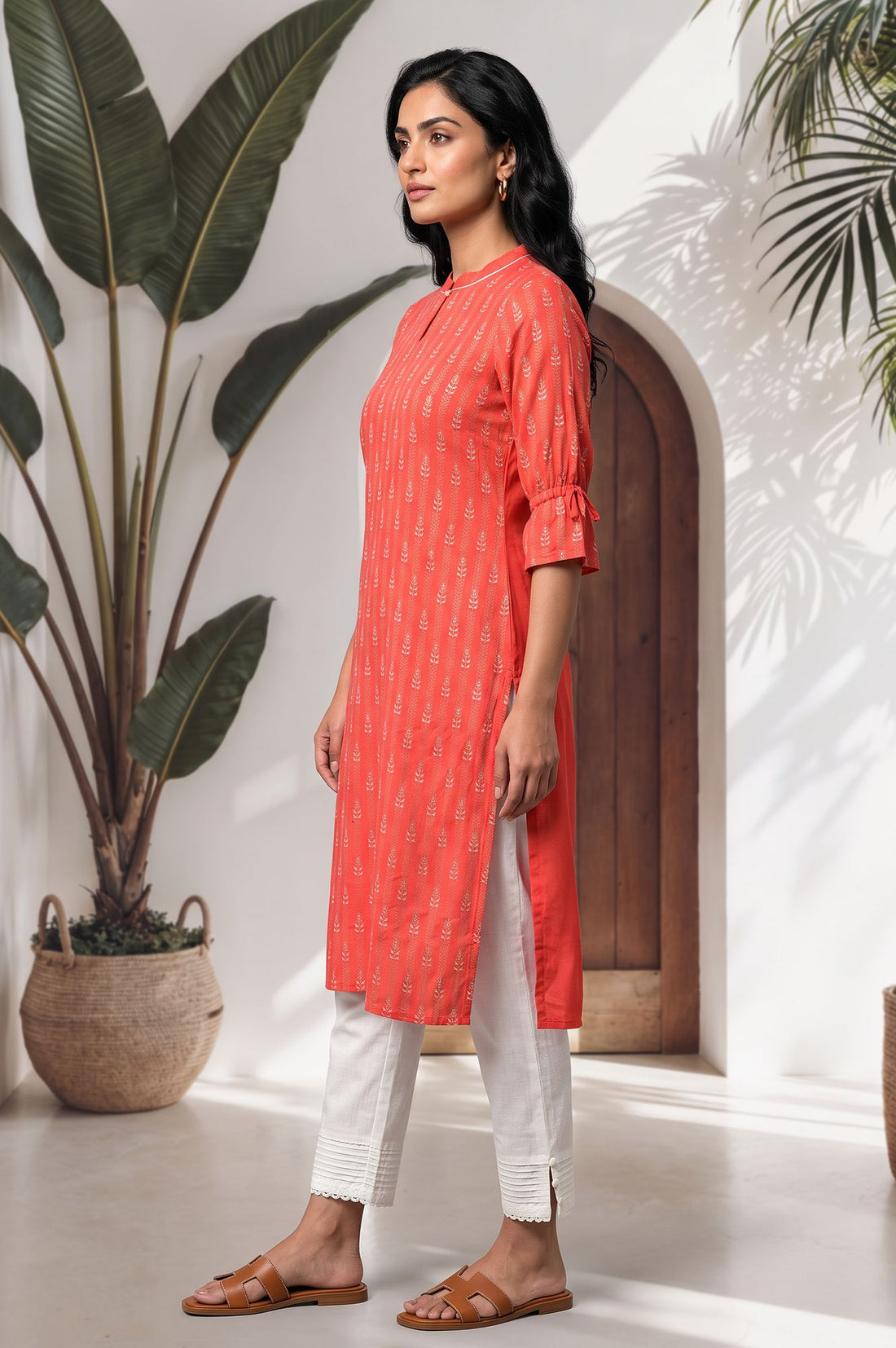 Coral Striped Cotton Straight Kurta with Palazzo Set