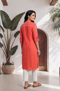 Coral Striped Cotton Straight Kurta with Palazzo Set