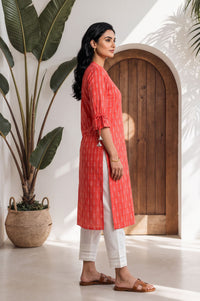 Coral Striped Cotton Straight Kurta with Palazzo Set