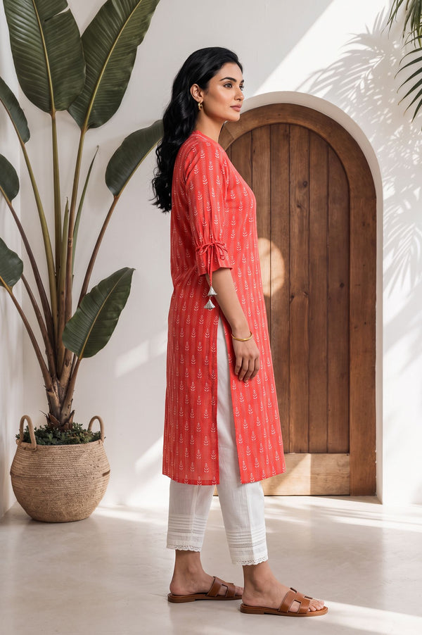 Coral Striped Cotton Straight Kurta with Palazzo Set
