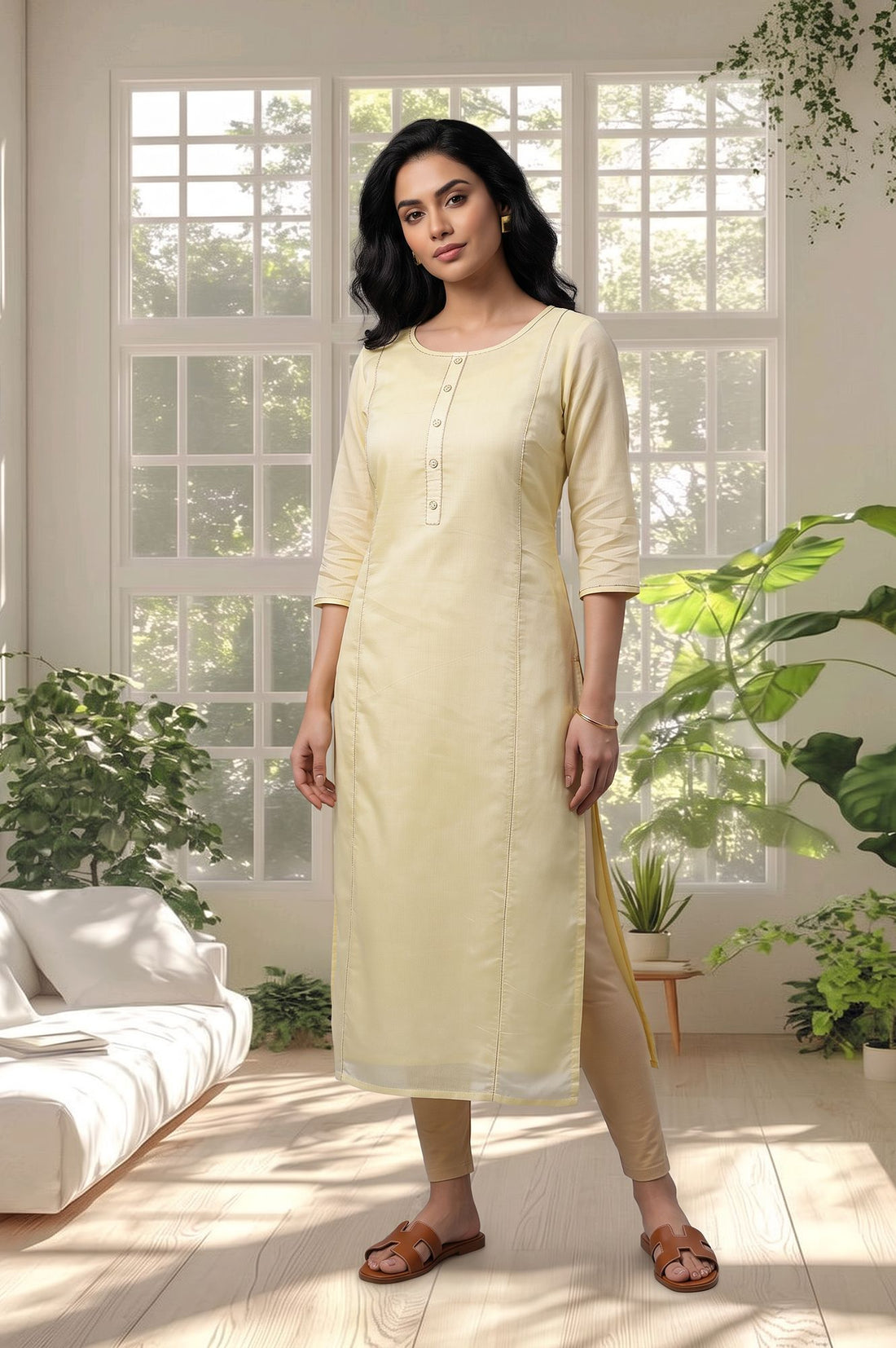 Yellow Thread Embroidered Yarn Dyed Straight Kurta with Tights