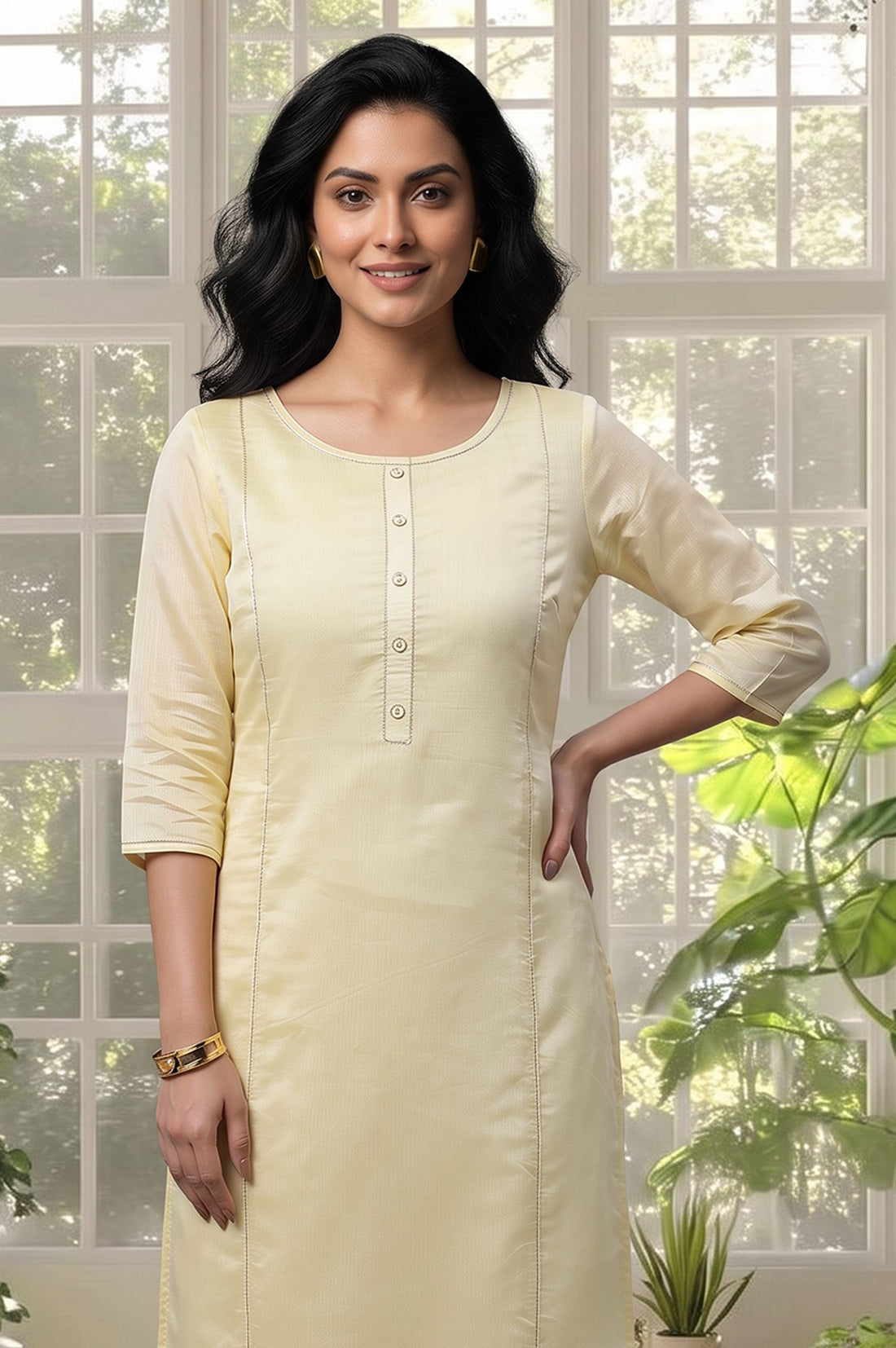 Yellow Thread Embroidered Yarn Dyed Straight Kurta with Tights