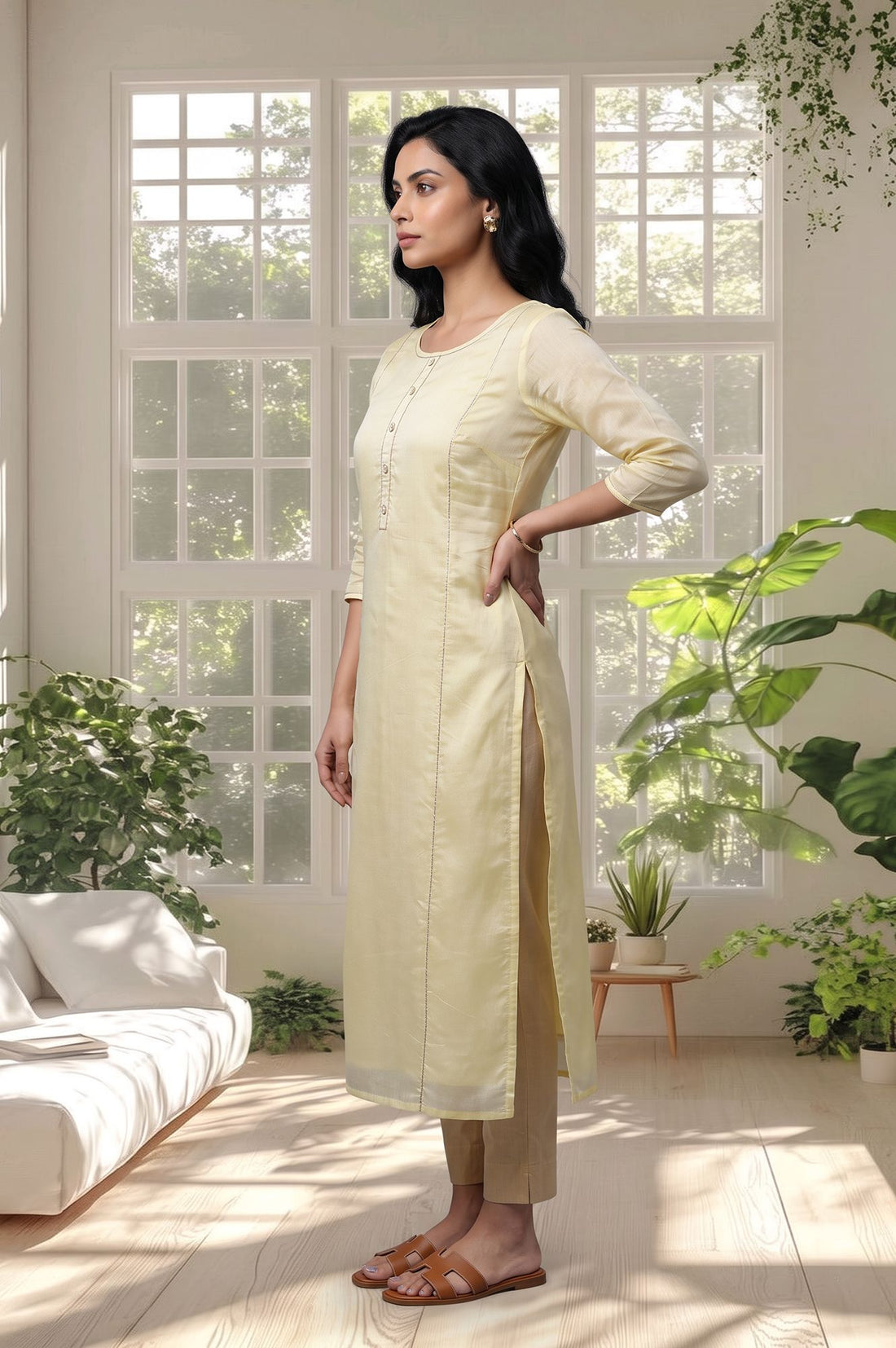Yellow Thread Embroidered Yarn Dyed Straight Kurta with Tights