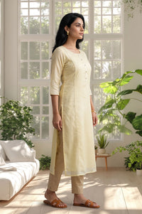 Yellow Thread Embroidered Yarn Dyed Straight Kurta with Tights