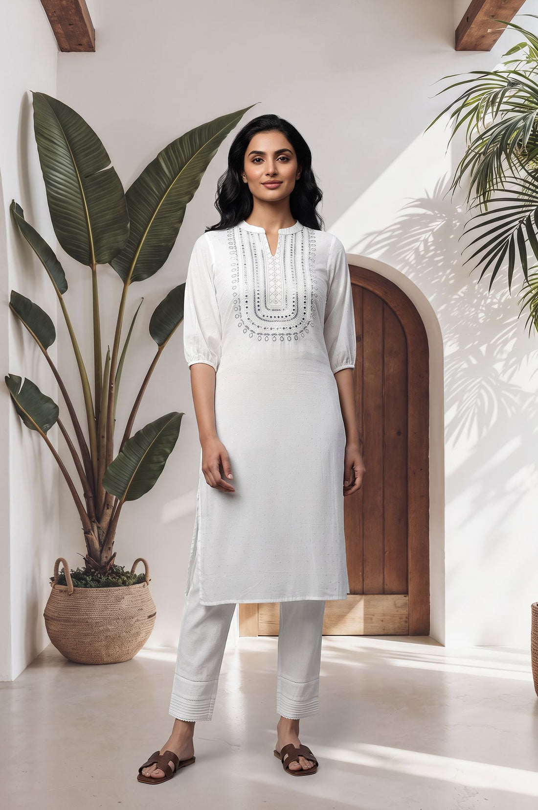 White Mirror Work Cotton Blend Straight Kurta with Trouser Set