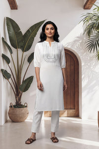 White Mirror Work Cotton Blend Straight Kurta with Trouser Set