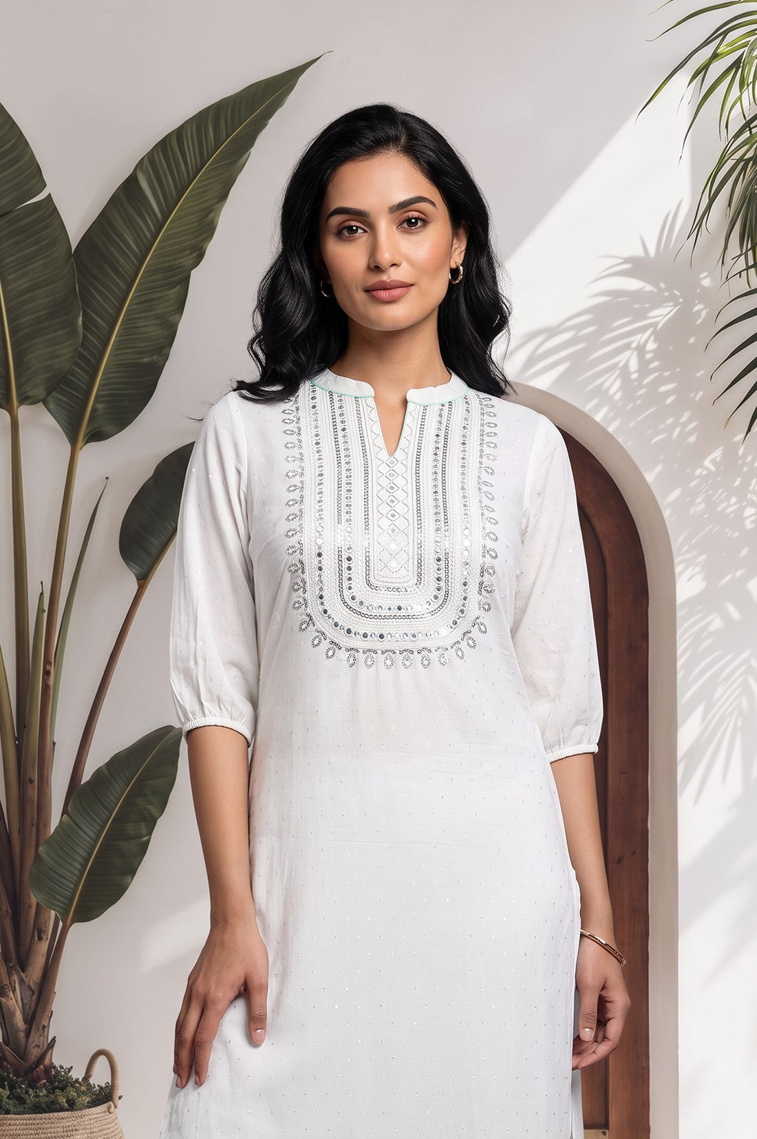 White Mirror Work Cotton Blend Straight Kurta with Trouser Set