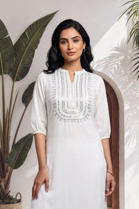 White Mirror Work Cotton Blend Straight Kurta with Trouser Set