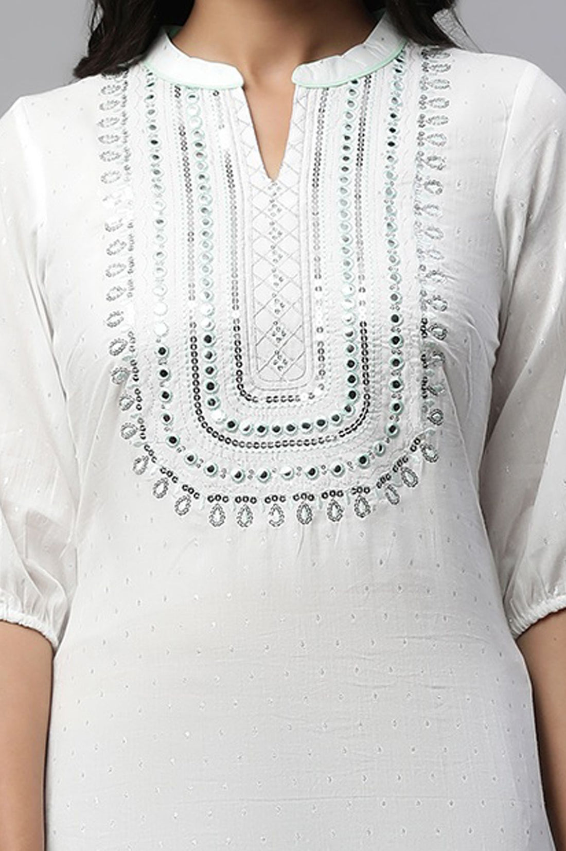 White Mirror Work Cotton Blend Straight Kurta with Trouser Set