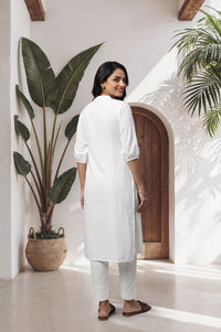 White Mirror Work Cotton Blend Straight Kurta with Trouser Set