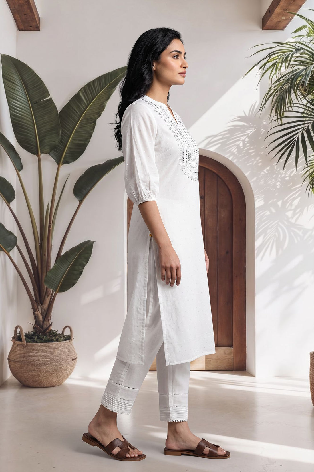 White Mirror Work Cotton Blend Straight Kurta with Trouser Set