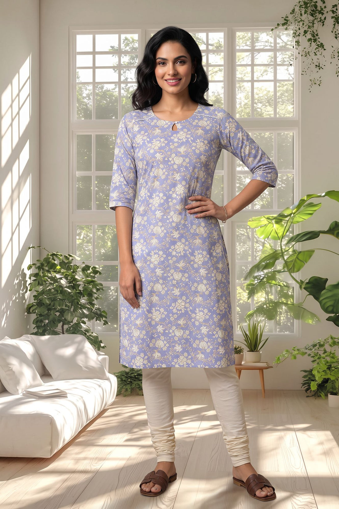 Blue Floral Printed Lace Pure Cotton Straight Kurta with Churidar