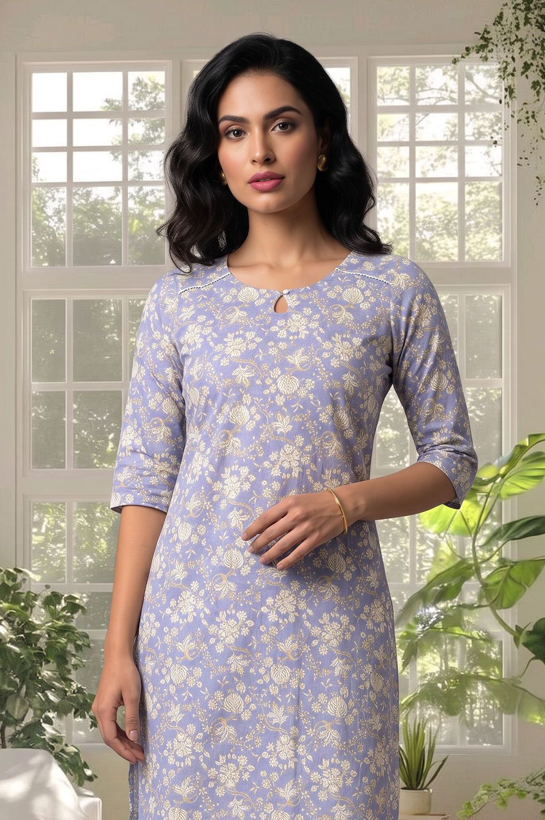 Blue Floral Printed Lace Pure Cotton Straight Kurta with Churidar