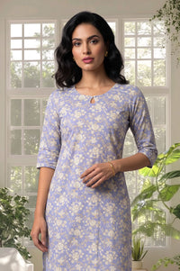 Blue Floral Printed Lace Pure Cotton Straight Kurta with Churidar