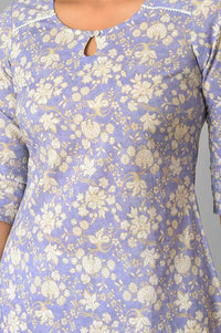 Blue Floral Printed Lace Pure Cotton Straight Kurta with Churidar
