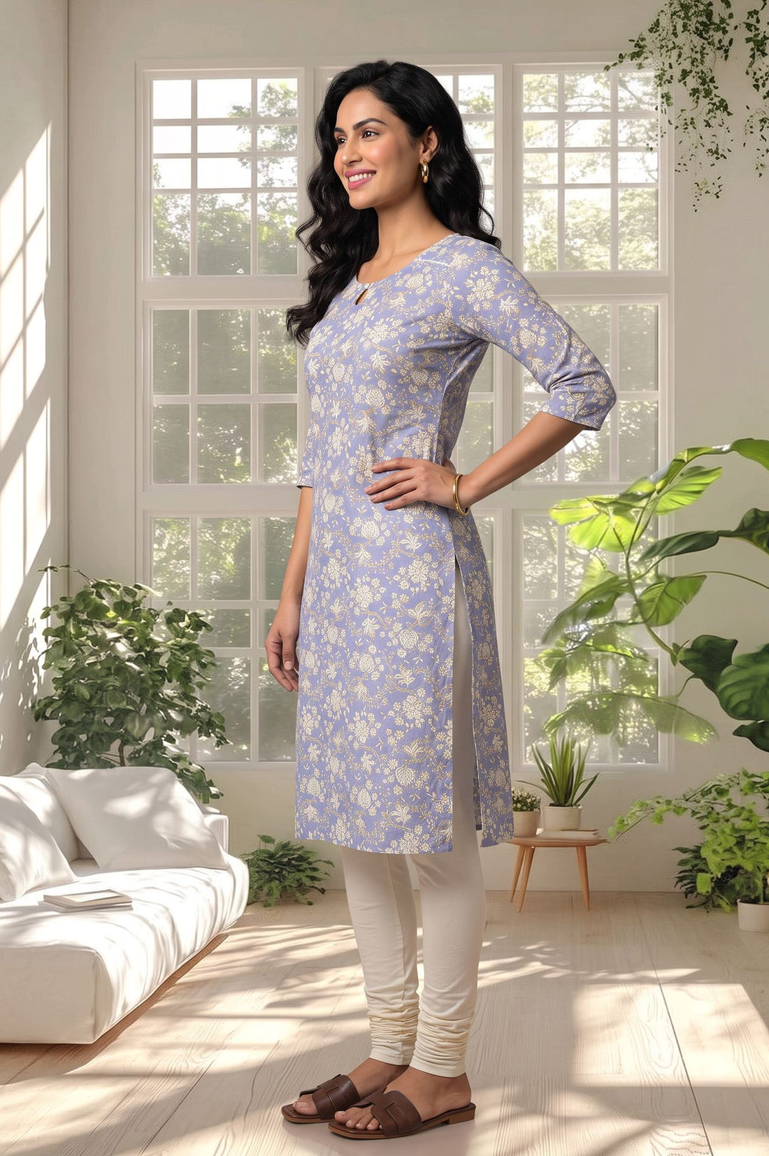 Blue Floral Printed Lace Pure Cotton Straight Kurta with Churidar