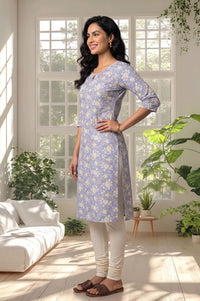 Blue Floral Printed Lace Pure Cotton Straight Kurta with Churidar